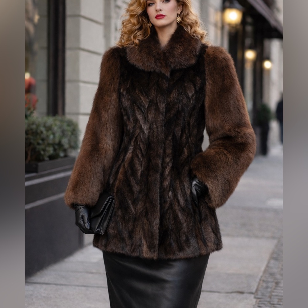 Genuine Mink & Fox Fur Coat - Chevron Mink Body with Plush Fox Fur Sleeves